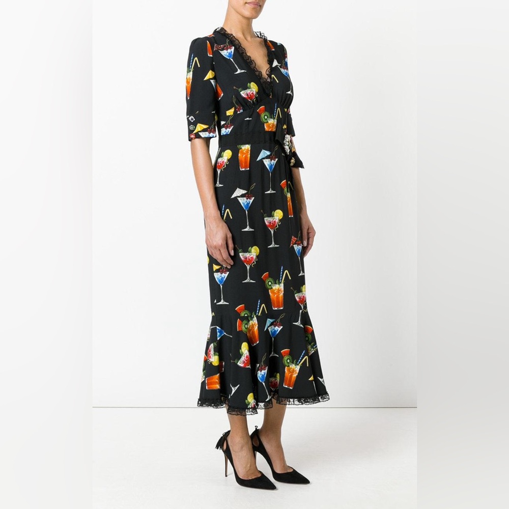 Dolce & Gabbana Black Embellished And Cocktail Print Crepe Long Dress xs